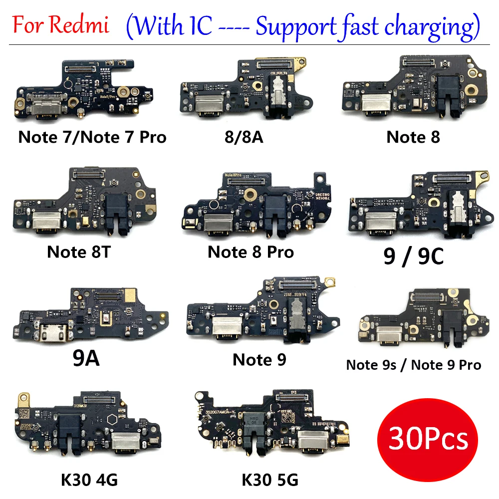 

30Pcs，USB Charge Port Jack Dock Connector Microphone Charging Board Flex For Redmi K30 4G 5G 9 9A 8 8A Note 9T 7 Pro 8T 9S Pro