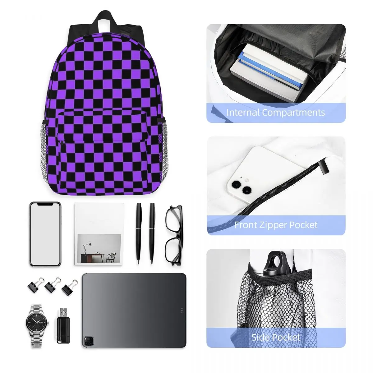 Mochila cheque roxo e preto para mulheres e adolescentes, mochila escolar, viagem, laptop, moda