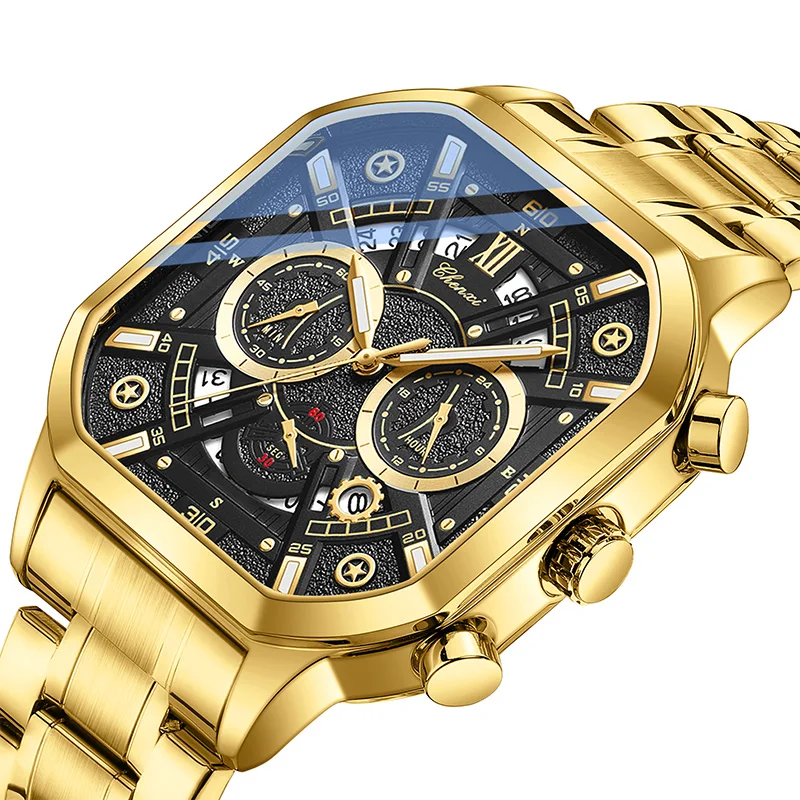 

CHENXI Высокое качество календарь ночник функция синхронизации часы для мужчин квадратный золотой циферблат кварцевые наручные часы подарки