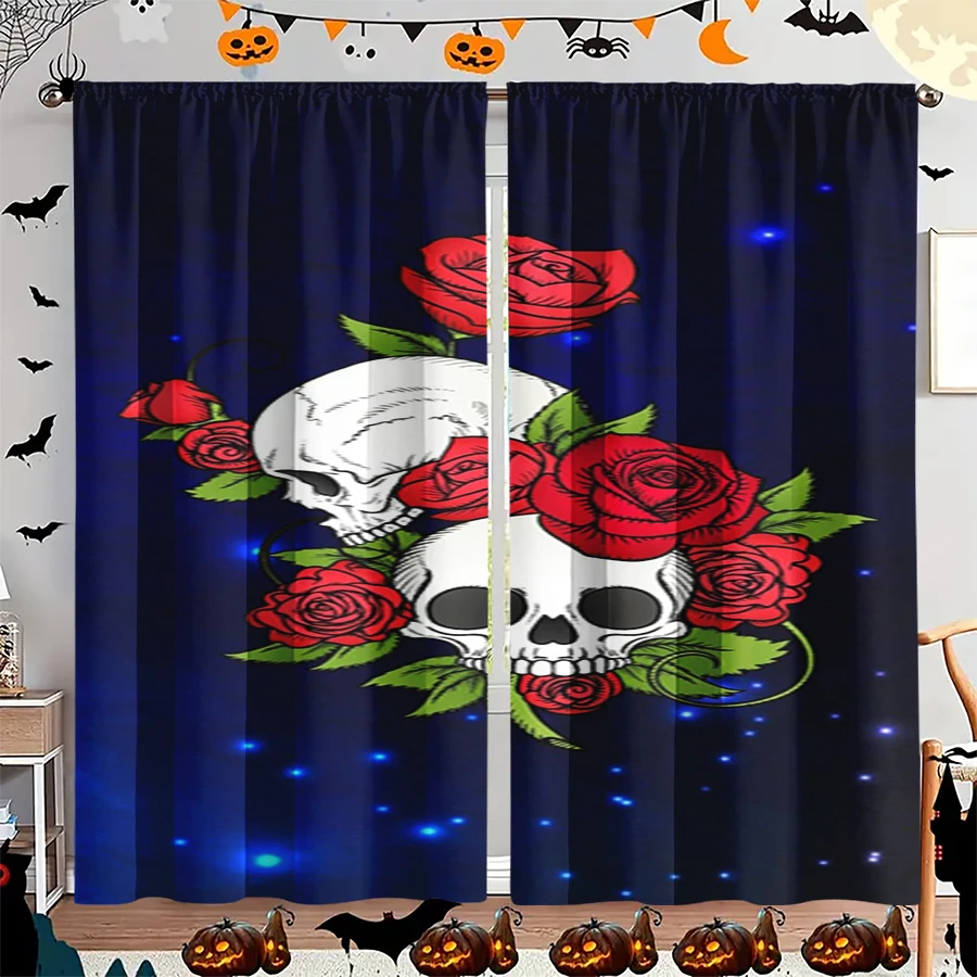2PCS Digital Print Curtain, Double Skull Red Rose Dark Blue Glow, Gothic Romantic Dark for Bedroom Living Room Kitchen