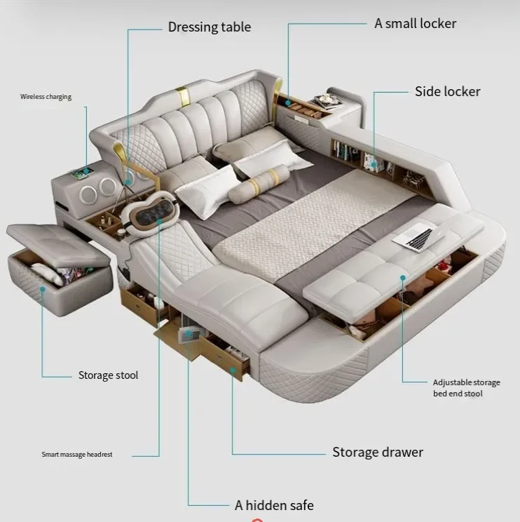 Nowe elektryczne łóżko do masażu Inteligentne wielofunkcyjne łóżko ze skórzanym podwójnym łóżkiem typu queen-size ze stołem do makijażu