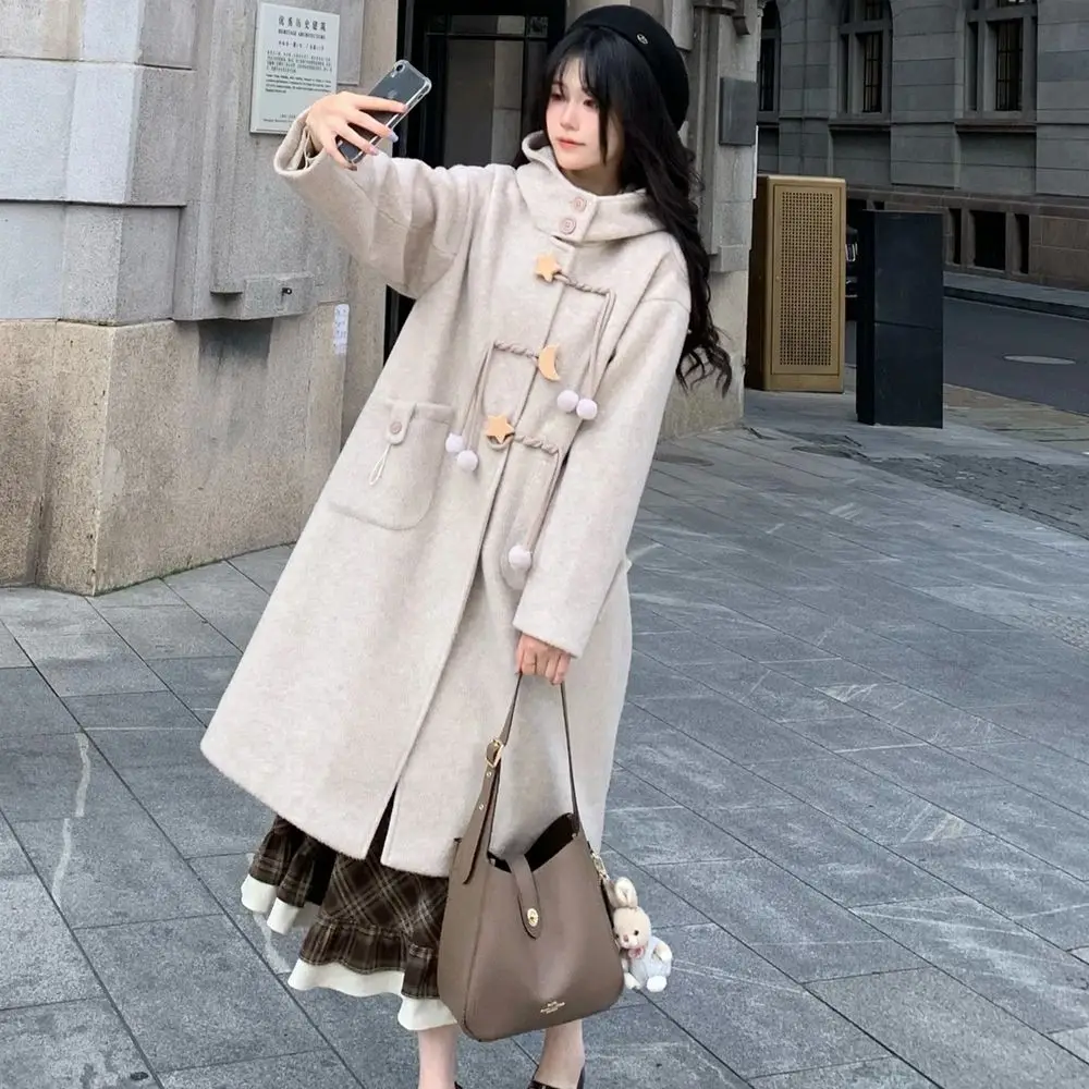 Korean Fashion Sweet Hooded Soft Wool Coat Women Star Moon Pom Pom Pocket Loose Fit Mid Long Winter Casual Daily Outfit 2026
