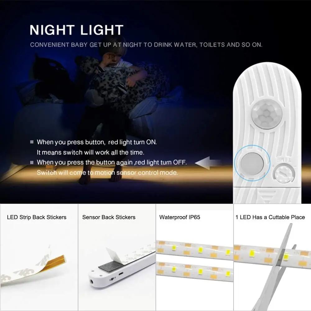 5M Battery Led Strip with PIR Motion Sensor Induction Night Light Tape Under Cabinet Light for Room Wardrobe Indoor Lighting