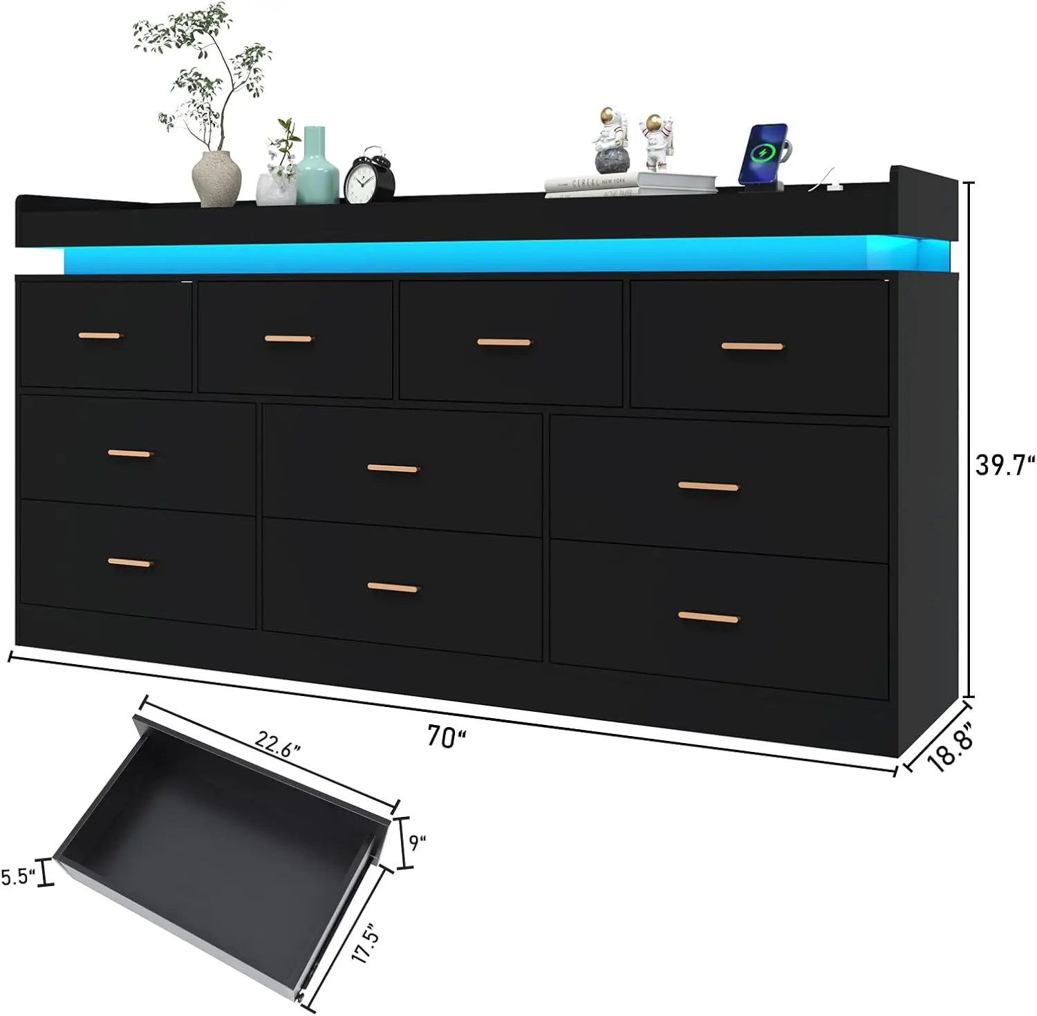 10 Drawer Dresser with LED Light and Charging Station, Wide Drawer Organizer Cabinet for Bedroom, Black