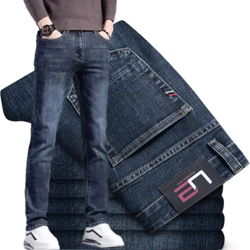 

Мужские осенние свободные прямые эластичные джинсы, мужские универсальные облегающие джинсовые брюки в корейском стиле, винтажные умные повседневные черные брюки