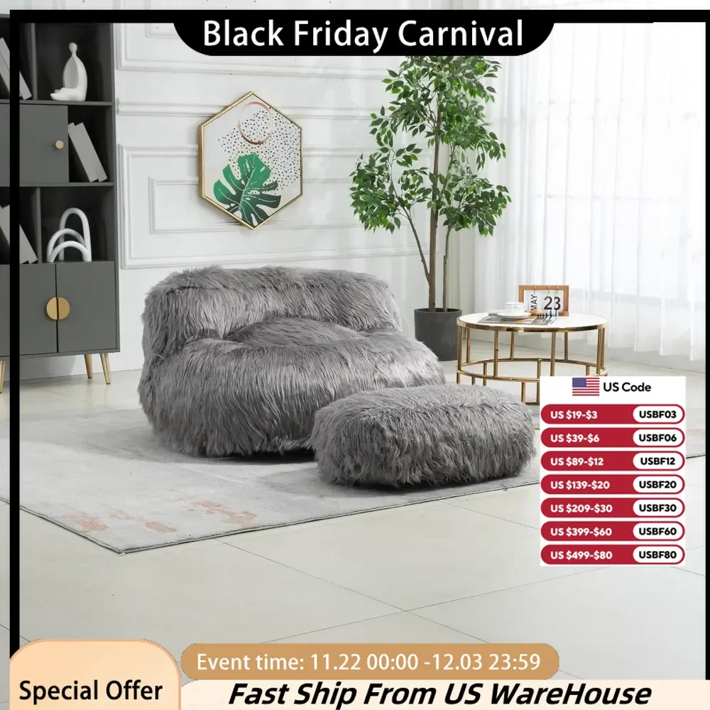 Bean Bag Chair and Footstool Set Single Player Game Sofa Casual Decoration Chair Gray Faux Fur Lazy Sofa/footstool Furniture