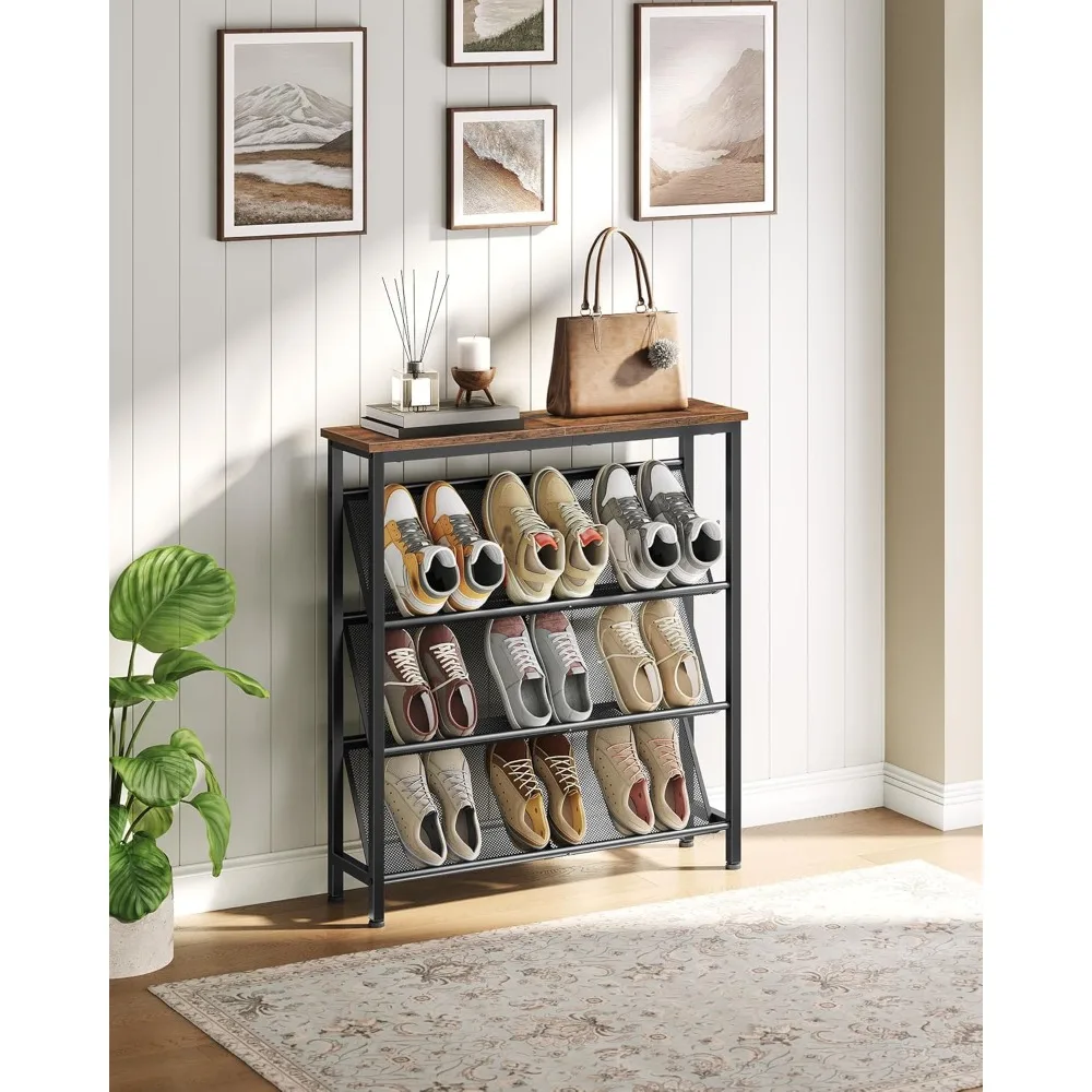 

4-Tier Slanted Shoe Storage Shelf,Narrow Shoe Rack for Entryway,with Adjustable Feet,Slim Shoe Shelf w/ Wooden Top & Metal Frame
