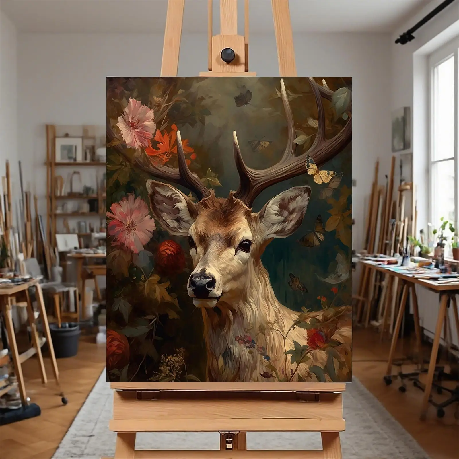 Professional Art Use: A Frameless DIY Digital Oil Painting Kit Featuring a Natural and Lively Art Piece of a Deer Resting Amo