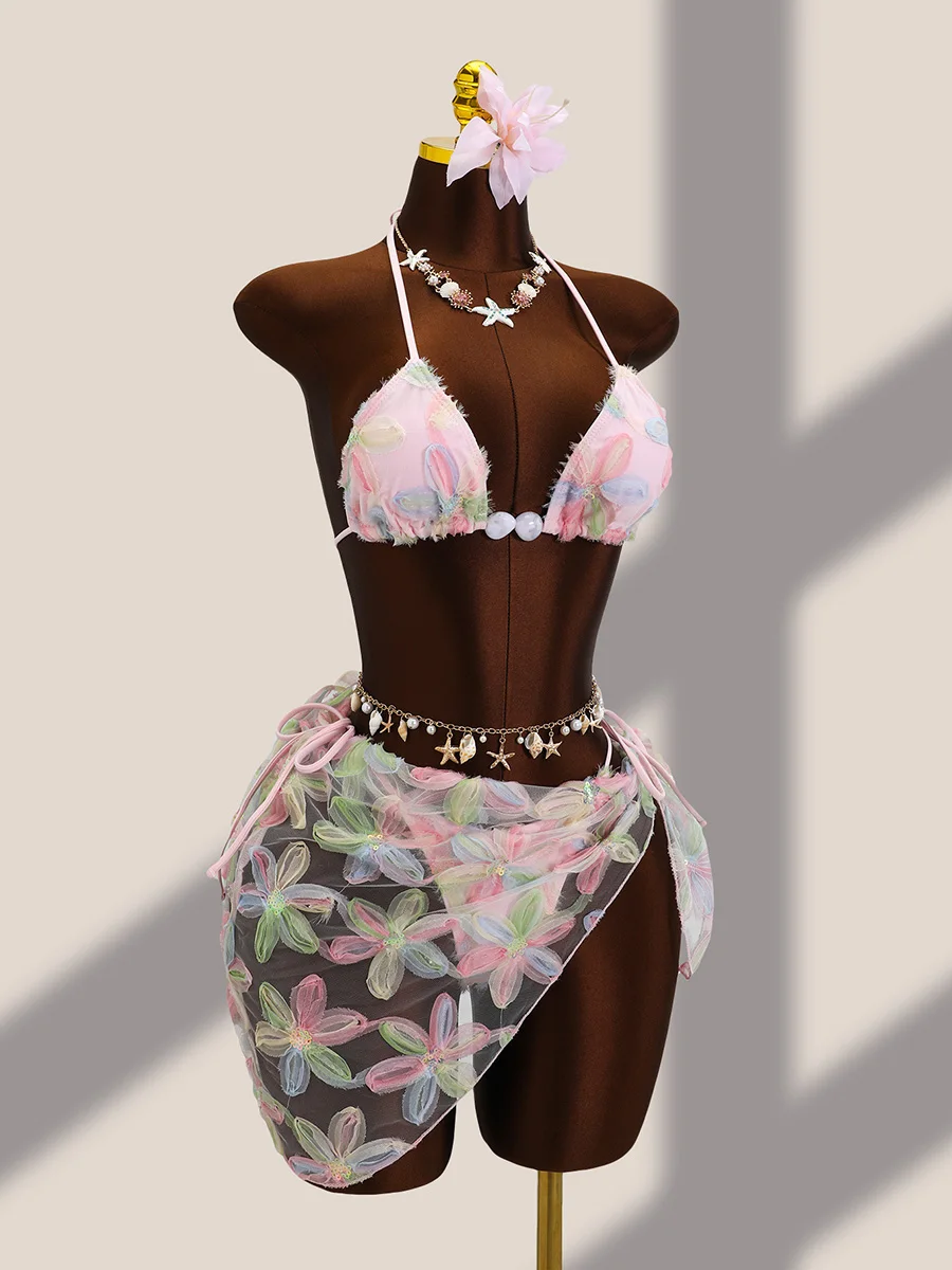 With Mesh Sarong 3D Flowers Halter Bikini Female Swimsuit Women Swimwear Three-Pieces Bikini Set Bathing Suit Swim Beachwear