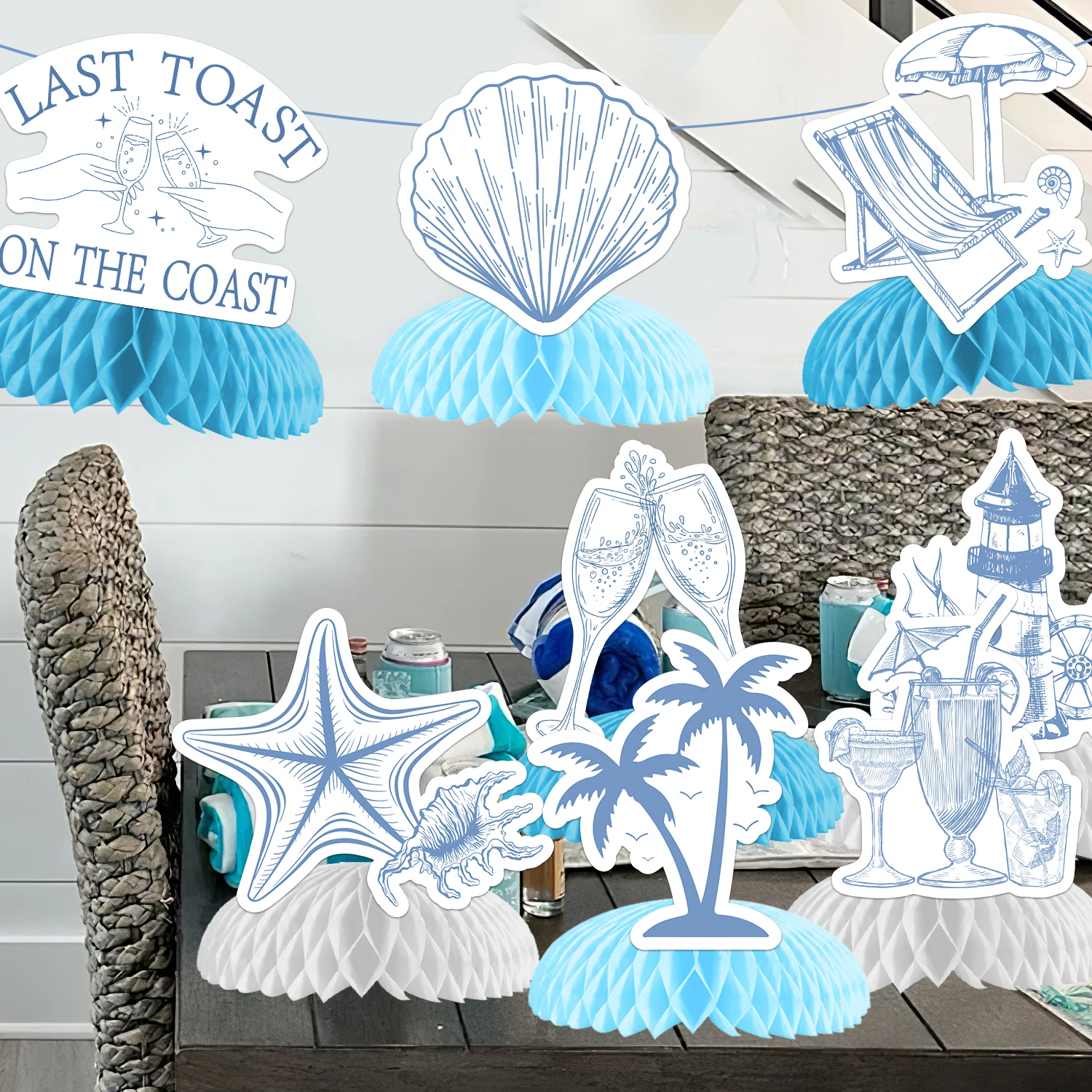 Sursurprise 8 Pcs Last Toast on The Coast Bachelorette Decorations Champagne Palm Table Decor Blue Bridal Shower Party Supplies