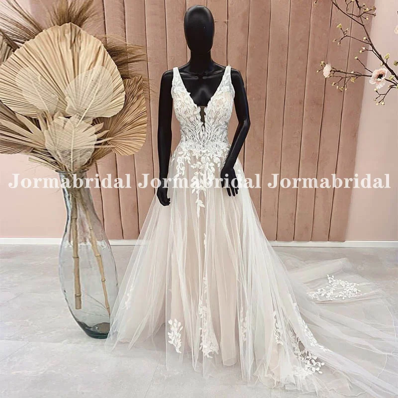 

Light Champagne Boho Wedding Dress Plunging V-neck vestidos para mujer Floral Appliques Soft Tulle Bridal Gowns robe de mariée