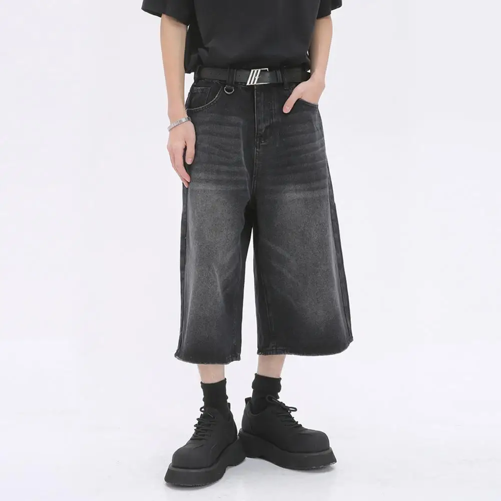 

Men Cropped Jeans Pants Gradient Color Denim Pants Button Zipper Fly Wide Leg Pants Mid-calf Length Denim Trousers with Pockets