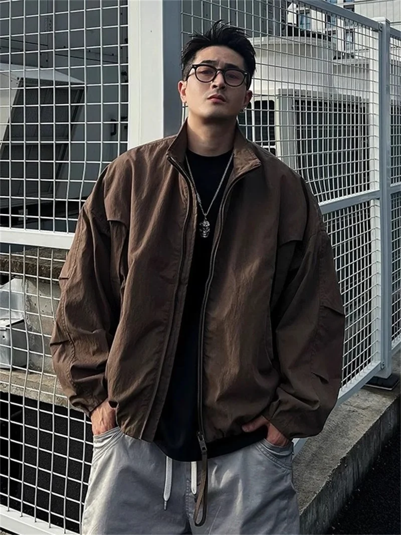 

Fall Winter American Trendy Brand Men's Outdoor Flight Jaet Knife ape Stand Collar Casual Sle Pure Color Outerwear