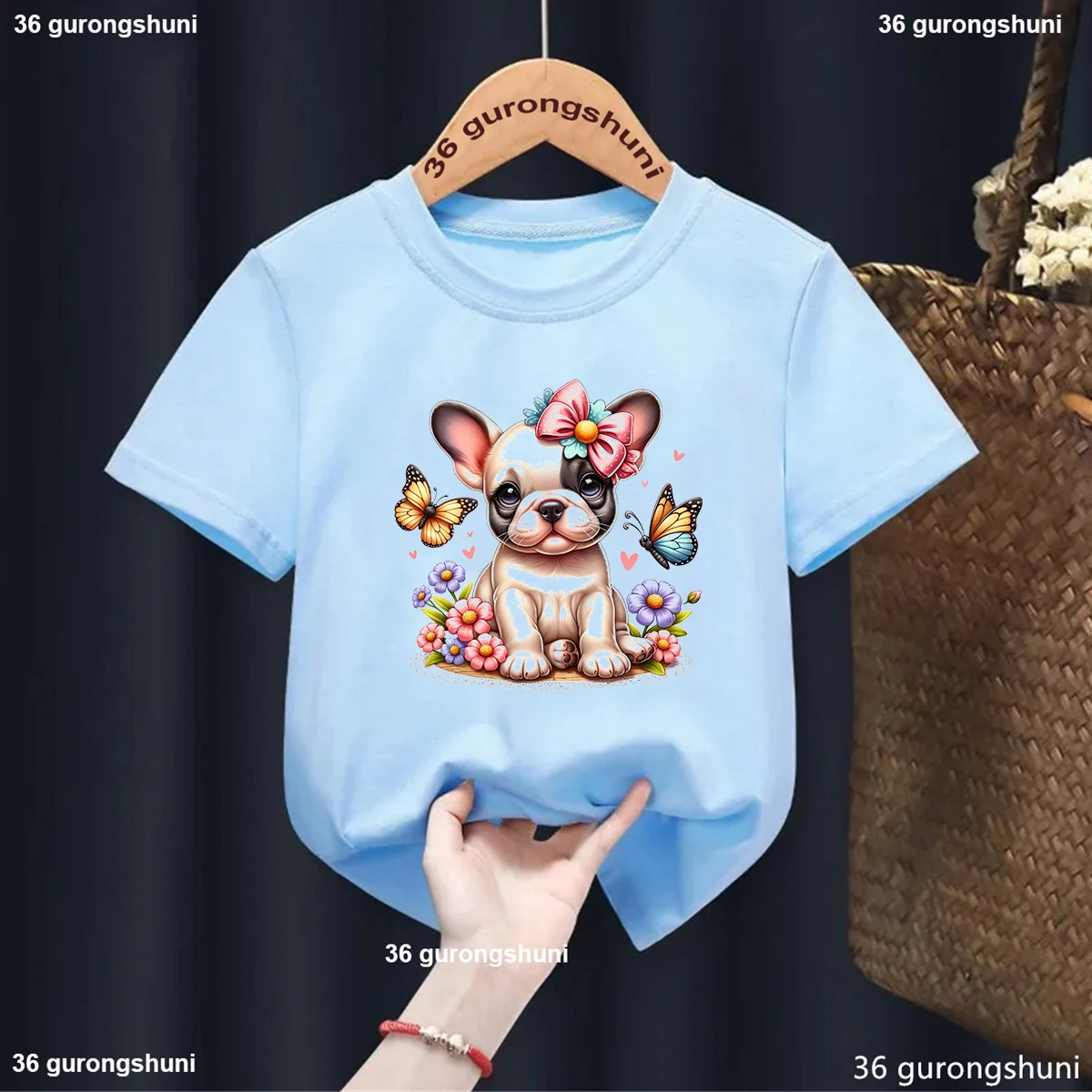 

Kawaii Girls T-Shirt Watercolor Butterfly dog Cartoon Print Kids T Shirt Summer Fashion Harajuku Girls Blue Clothes Baby Tees