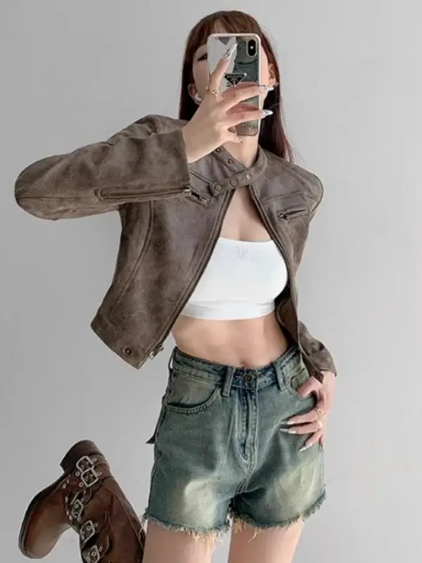 Jaqueta de Couro Curta Estilo Street com Efeito Desgastado para Mulheres, Ajuste Slim, Zíper, Gola Alta, Casaco de Motocic...
