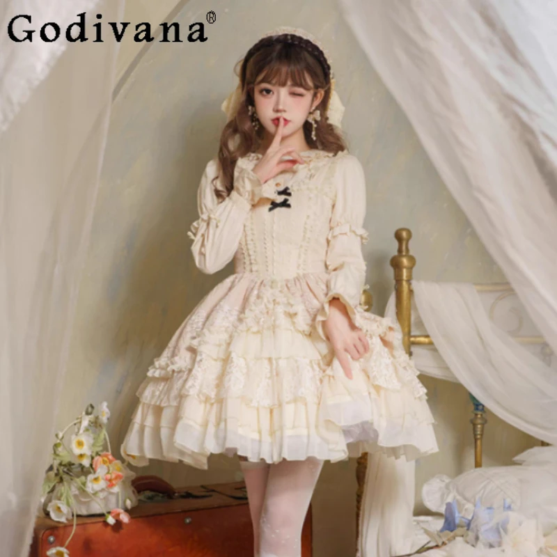 

Elegant Lolita Ballet Sweet Bow Square Neck Cute Princess Suspender Cake Dress Fashion Versatile Ruffles Lace Long Sleeve Shirt