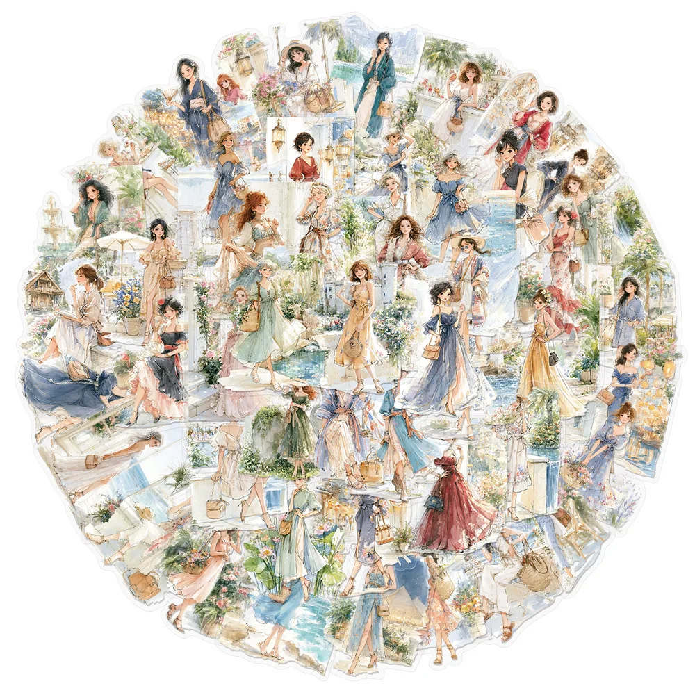 50PCS Cute Seaside Girl Vacation Stickers DIY Decorative Mobile Phone Case Notebook Skateboard Water Cup Waterproof Toys Gifts