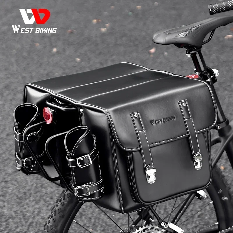 

WEST BIKING Long Travel Cycling Pannier Bag Crazy Horse Leather Bike Cargo Waterproof Rear Double Side Bag With 2 Bottle Holder