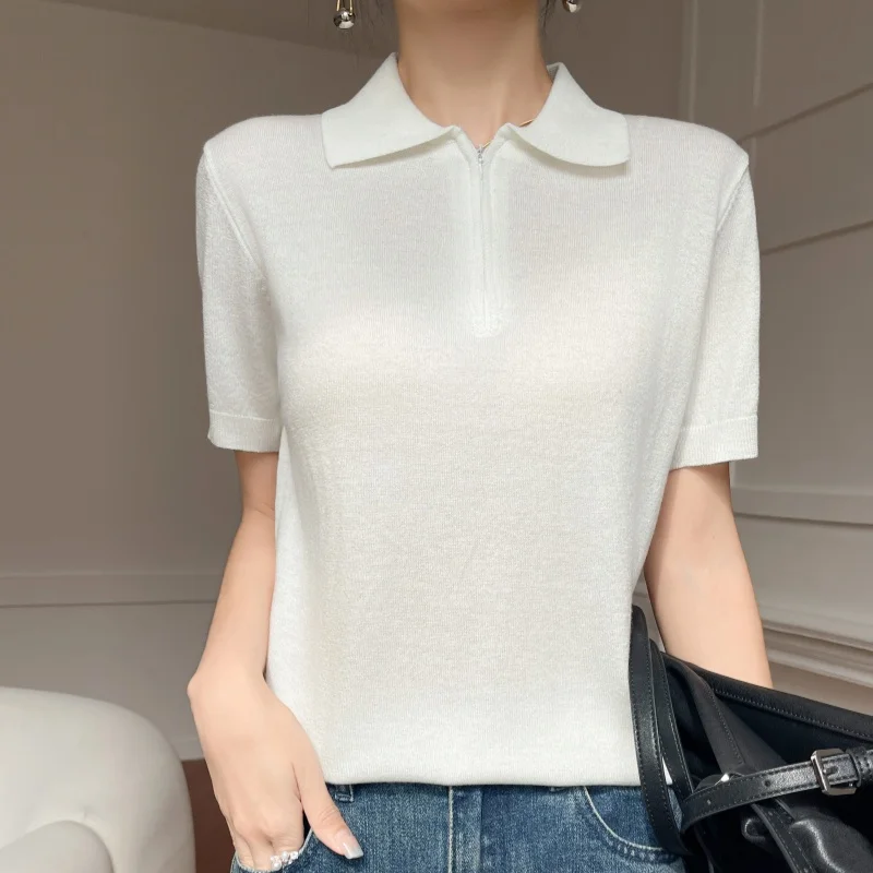 Women Fine Wool Silk Bleed T-shirt Summer Short Sleeve Polo Collar Knit Tees Half Zipper Pullover Outfit Tees Basis Wear Tops
