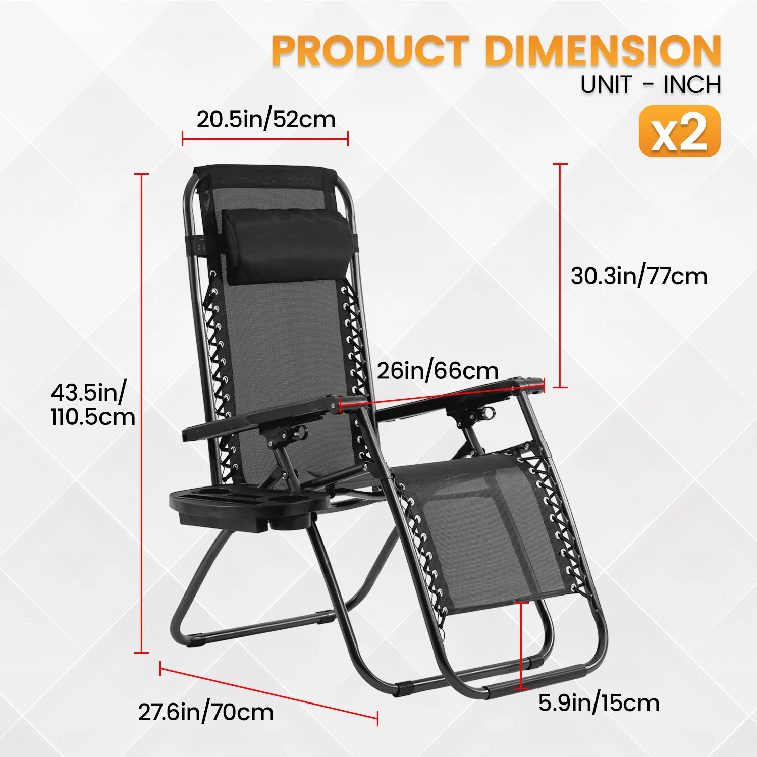 مجموعة كراسي بدون جاذبية مكونة من قطعتين، كراسي حديقة قابلة للطي مع حامل أكواب، مسند رأس مبطن للشاطئ، بجانب حمام السباحة، الفناء، والتخييم #3