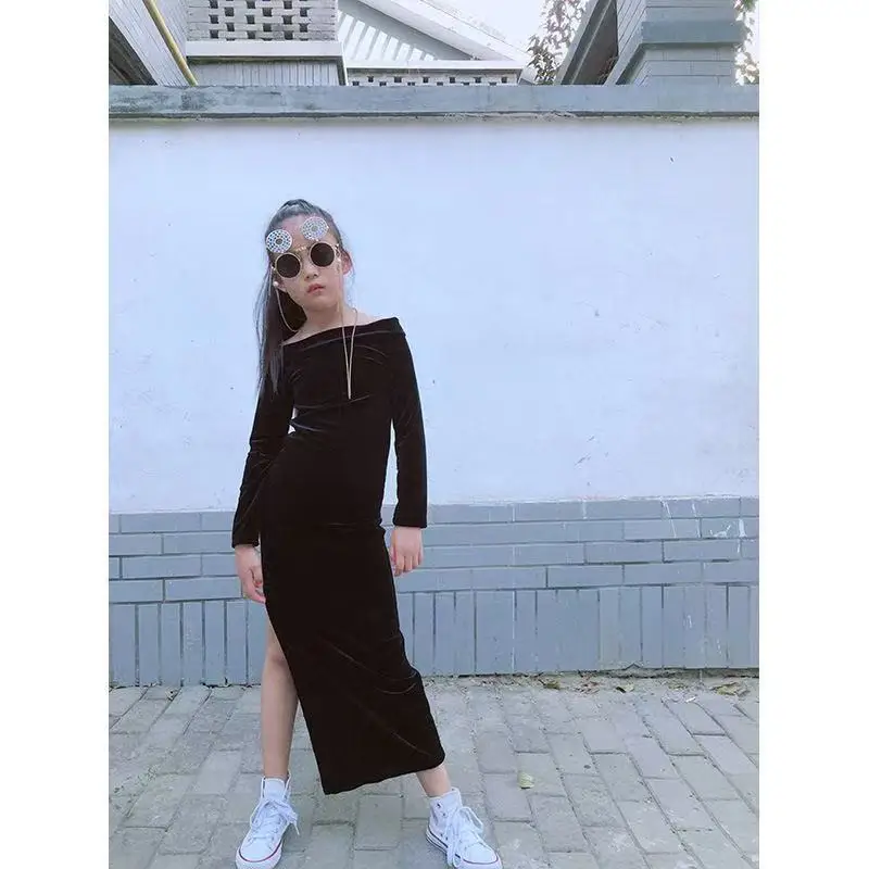 Toddler Fall Clothes Long Maxi Dress Baby Girls Teenage Chinese Costume Off Shoulder Strapless Vestidos Split Velvet 80-170CM