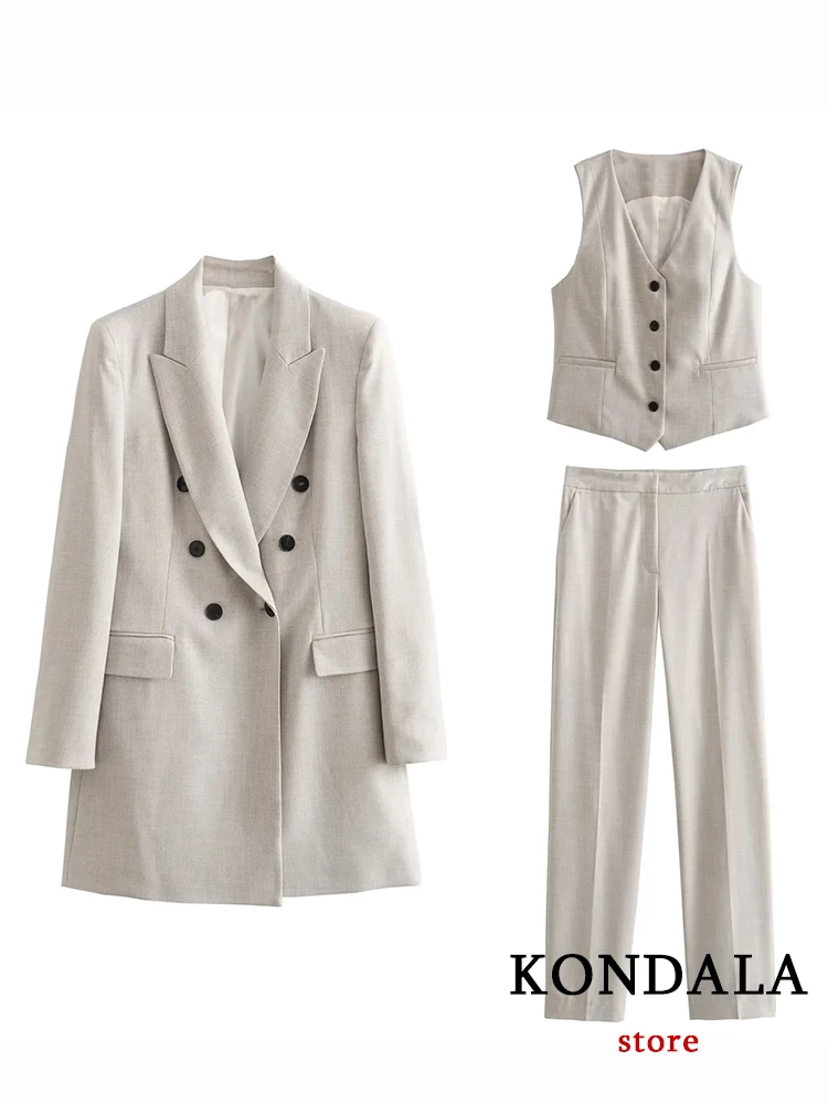 KONDALA Vintage Solid Beige Office Lady Women Suit Chic Luxury Long Sleeve Blazer Slim Sleeveless Vest Wide Leg High Waist Pants