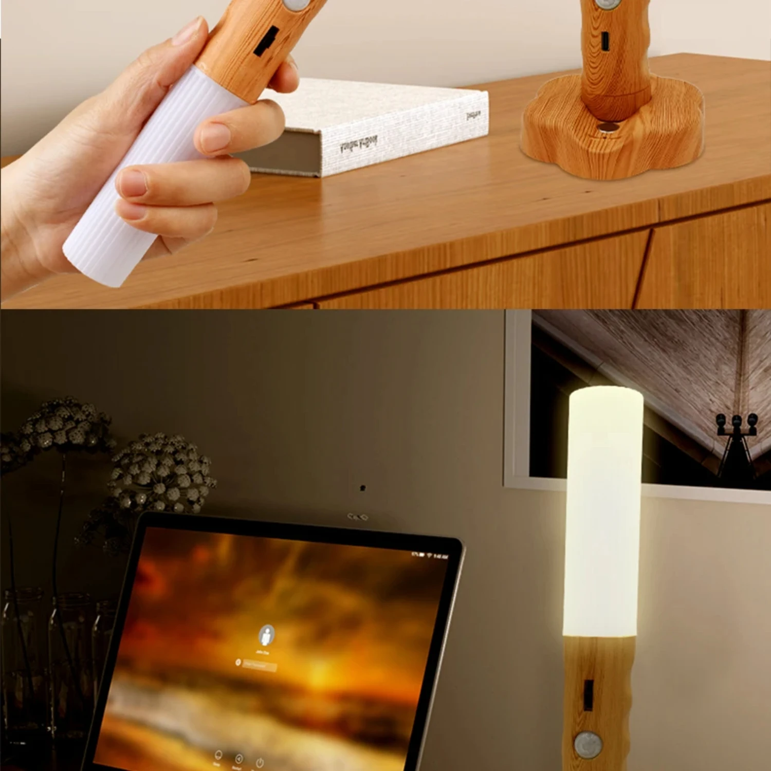 New Adjustable Stylish and Elegant USB LED Wood Night Light for Kitchen Cabinet Closet Staircase Bedside Table, Wall Lamp with S