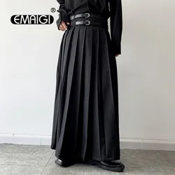 Double Belt Pleated Skirt for Men and Women Japan Harajuku Streetwear Dark Black Skirt Pants Net Celebrity Skirt Stage Clothing