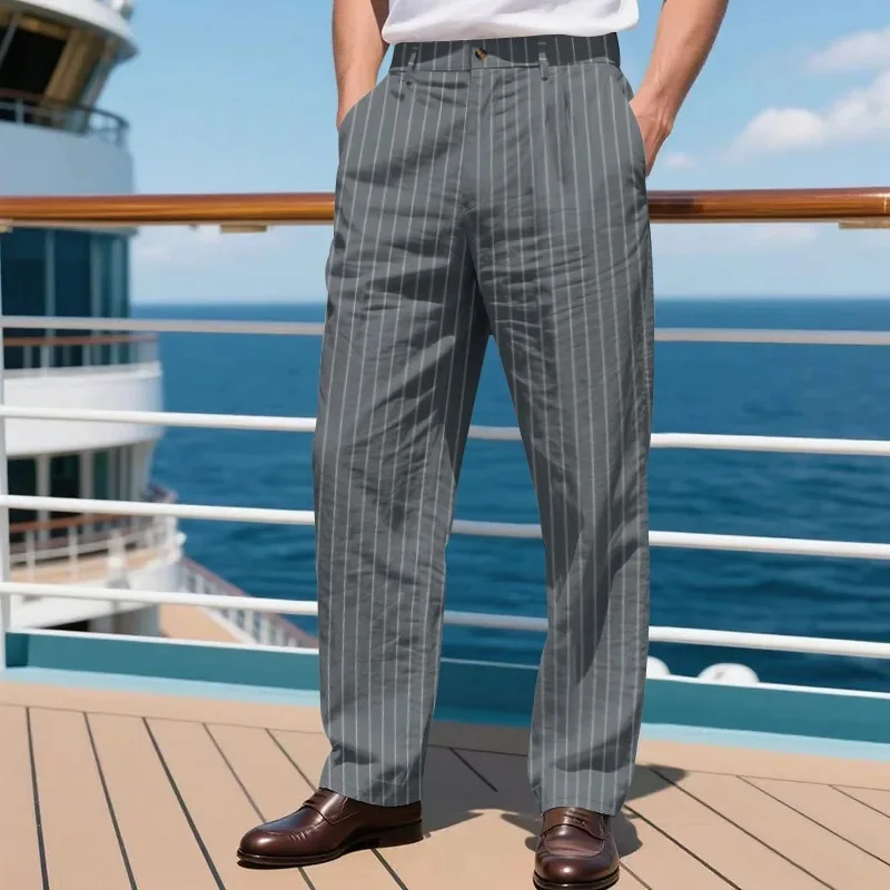 Men Pinstripe Loose Straight‑leg Suit Pants Vintage Old Money Style High Waist Pleated Business Casual Trousers