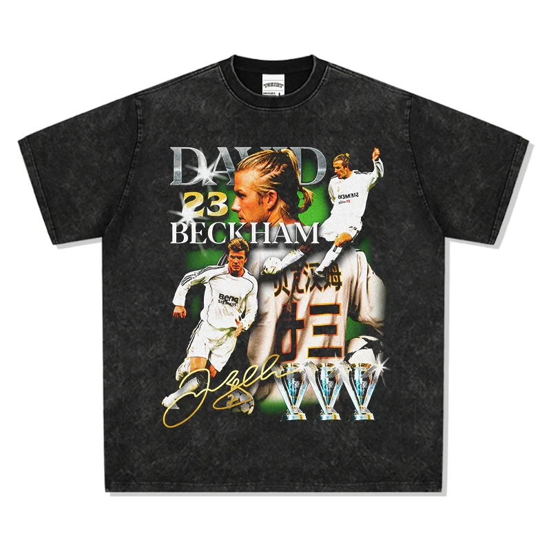 Koszulka z nadrukiem wzoru gwiazdy piłki nożnej Davida Beckhama, modna, sportowa, bawełniana, z krótkim rękawem, streetwearowa, letnia, codzienna, w stylu vintage.