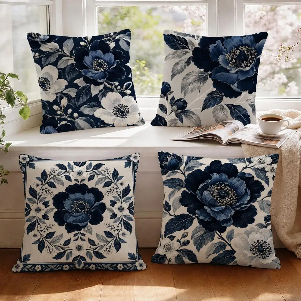 Blue Peonies Feminine Soft Cushion Cover 1/4Pcs Linen Throw Pillow Covers Double-Side Print Sofa Couch Living Room Decor