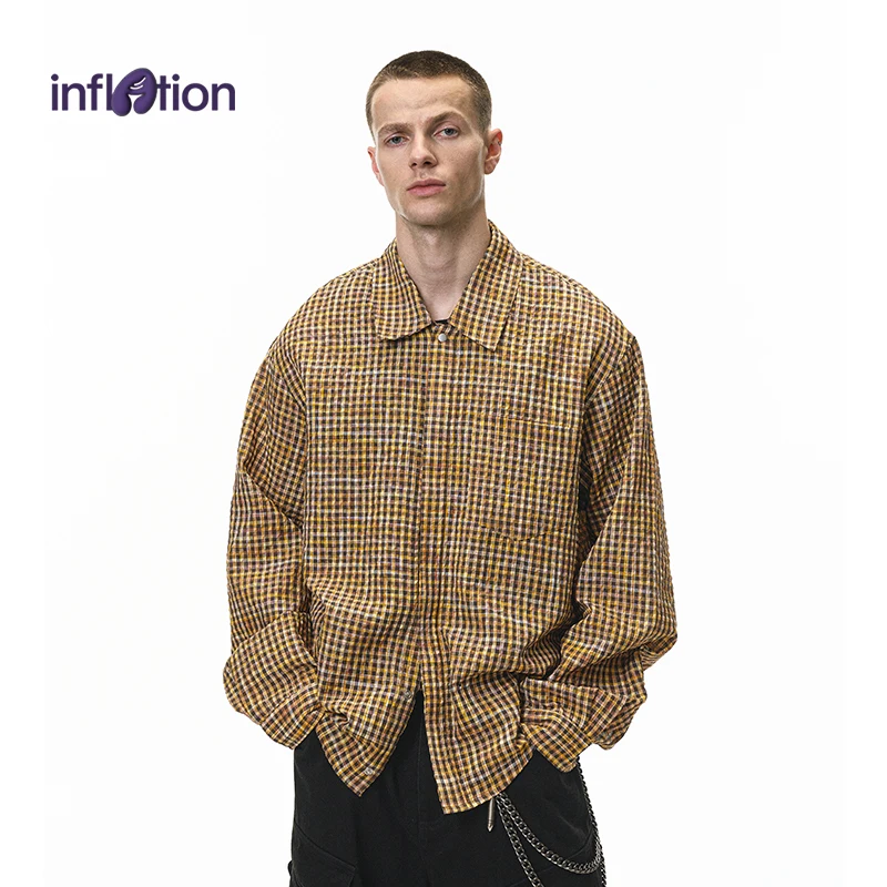 

Инфляция, мужская рубашка в клетку, осень 2023, американская уличная укороченная верхняя рубашка, повседневные рубашки с длинными рукавами и текстурированными пузырьками