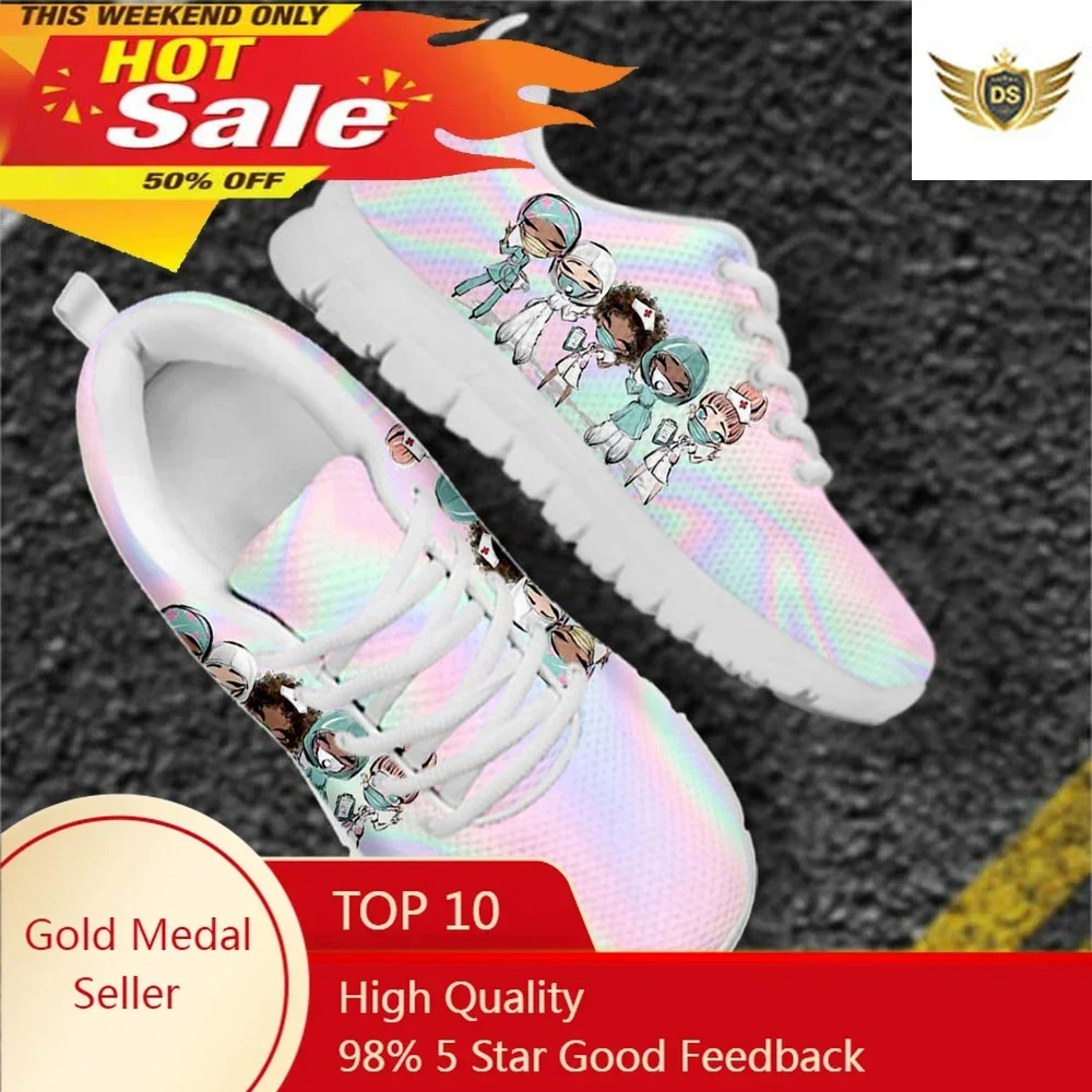 Pretty Cartoon Hospital Nurses And Doctors Pattern Ladies Flat Shoes Breathable Warm Soft Sneaker Lace Up Footwear