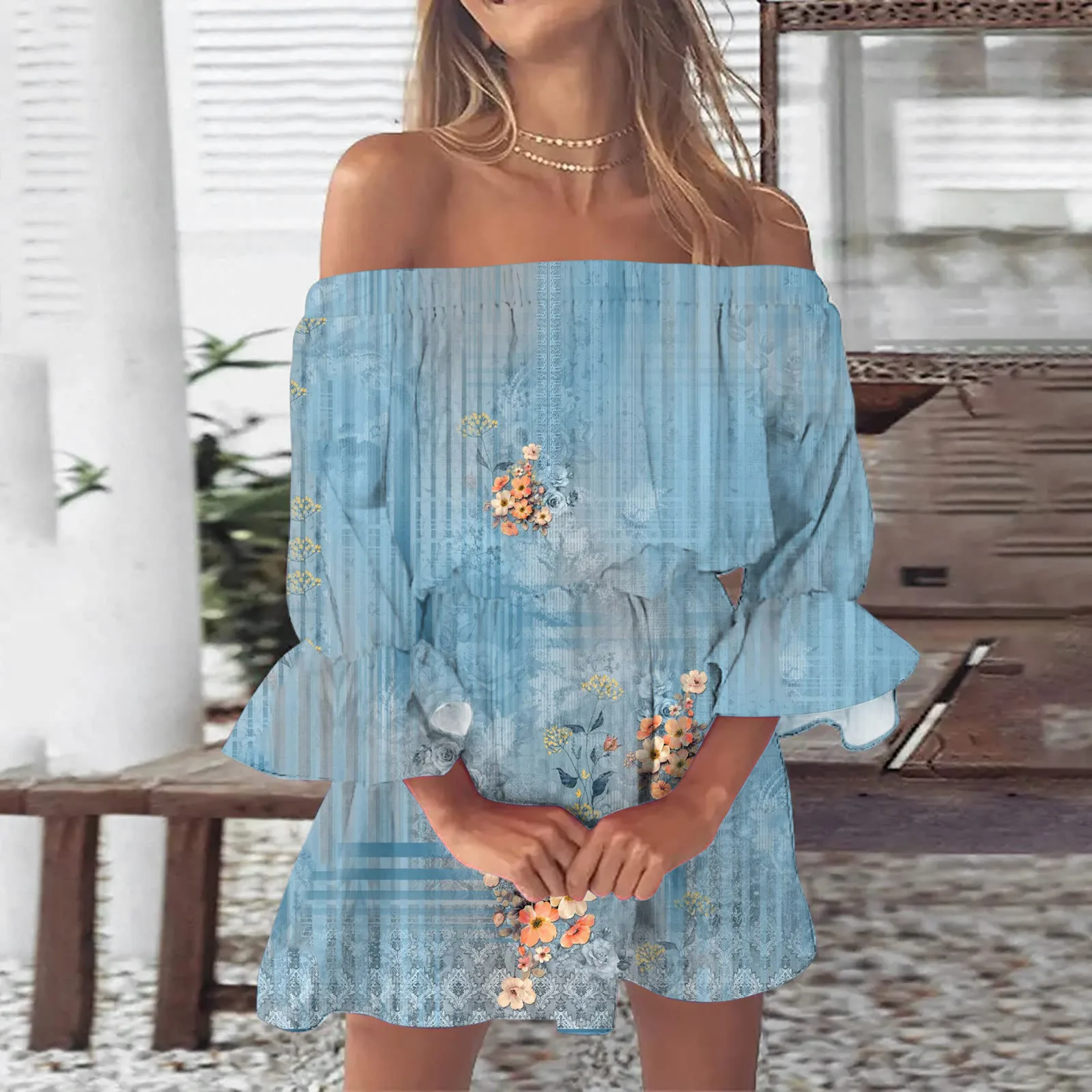 Vestidos florales bohemios para mujer, vestido túnica Sexy con hombros descubiertos y manga con volantes, Mini vestido veraniego informal para playa 2024