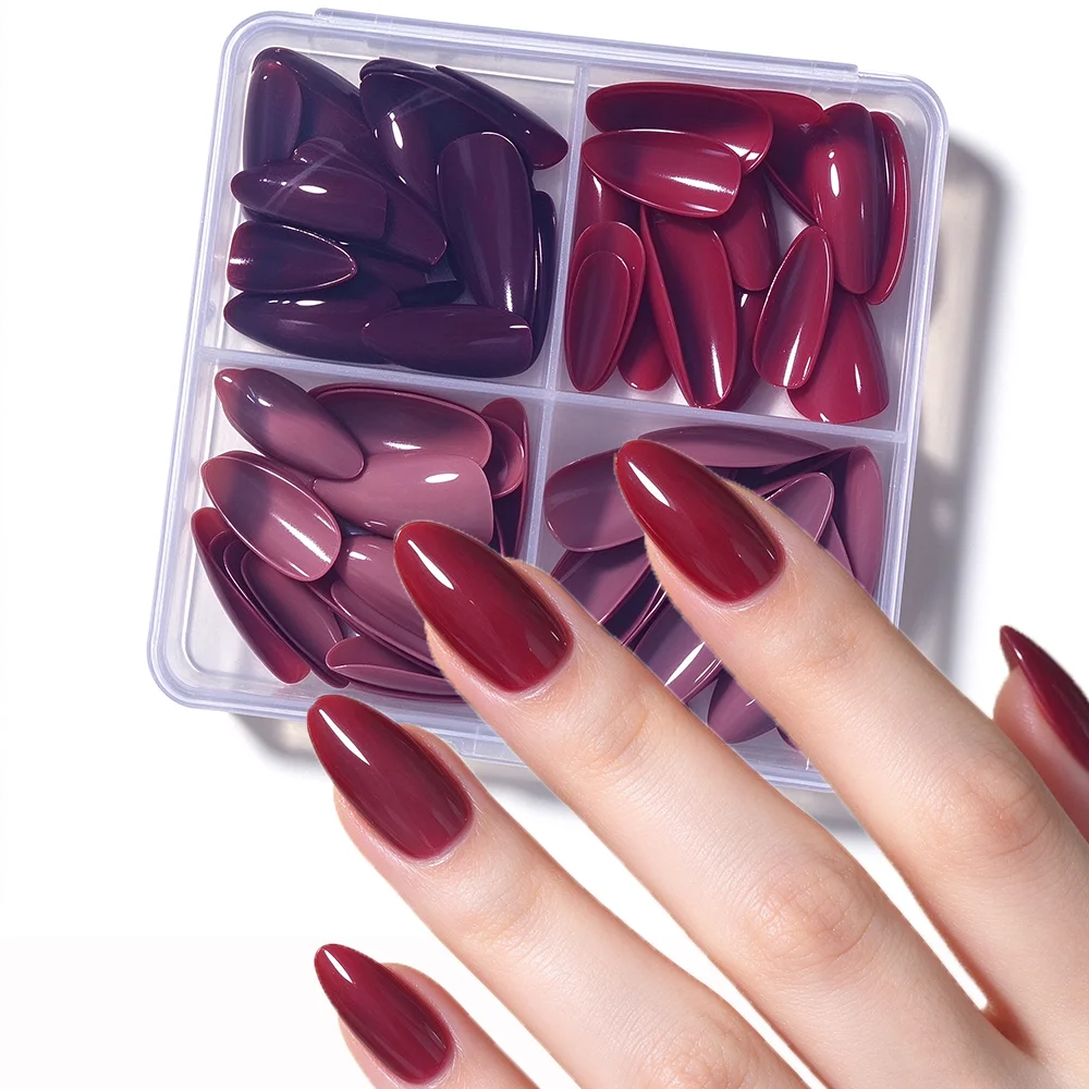 96Pcs Solid Color Almond Press On Nails 4 Tone Wine Red Nude Brown Glossy Fake Nails For Daily Dating Party Nail Wear Decoration