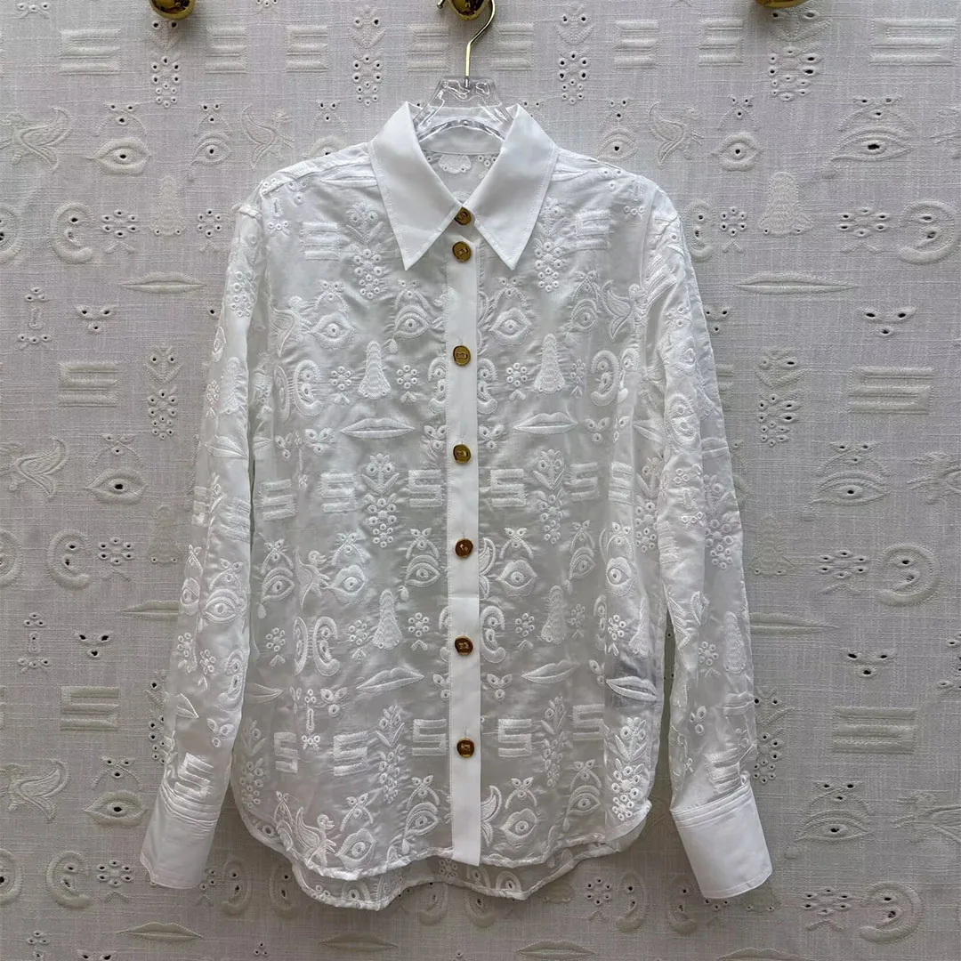 

Best Quality Luxury Embroidery Chic Transparent Shirt Women Lapel Gold Single Breasted Decoration Long Sleeve Vintage Blouses