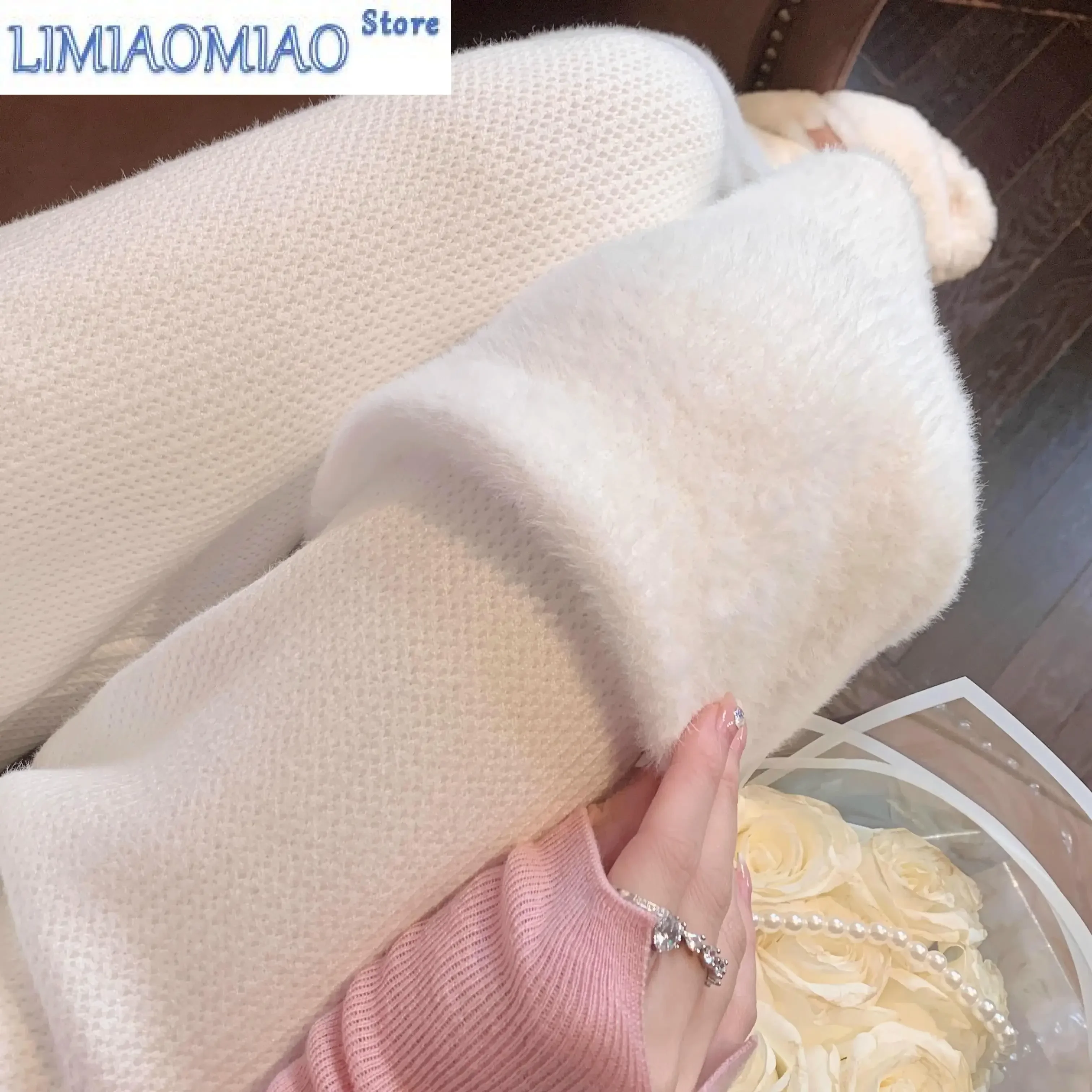 Pantalones de punto de pierna ancha de terciopelo de visón para mujer, pantalones gruesos de cintura alta, sueltos, simples, casuales, cálidos, a la moda, invierno, nuevo