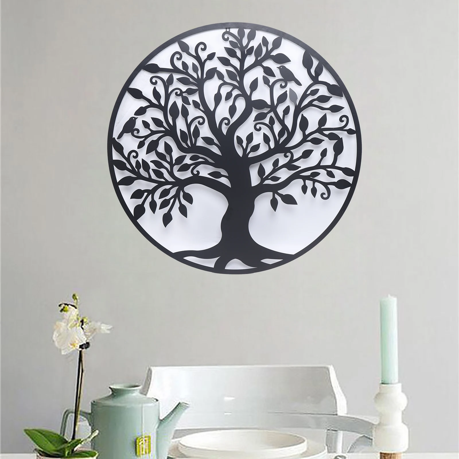 Black Metal Hanging Wall Ornaments Tree of Life Art Decor Indoor/Outdoor Hanging Round Sculpture Decorations