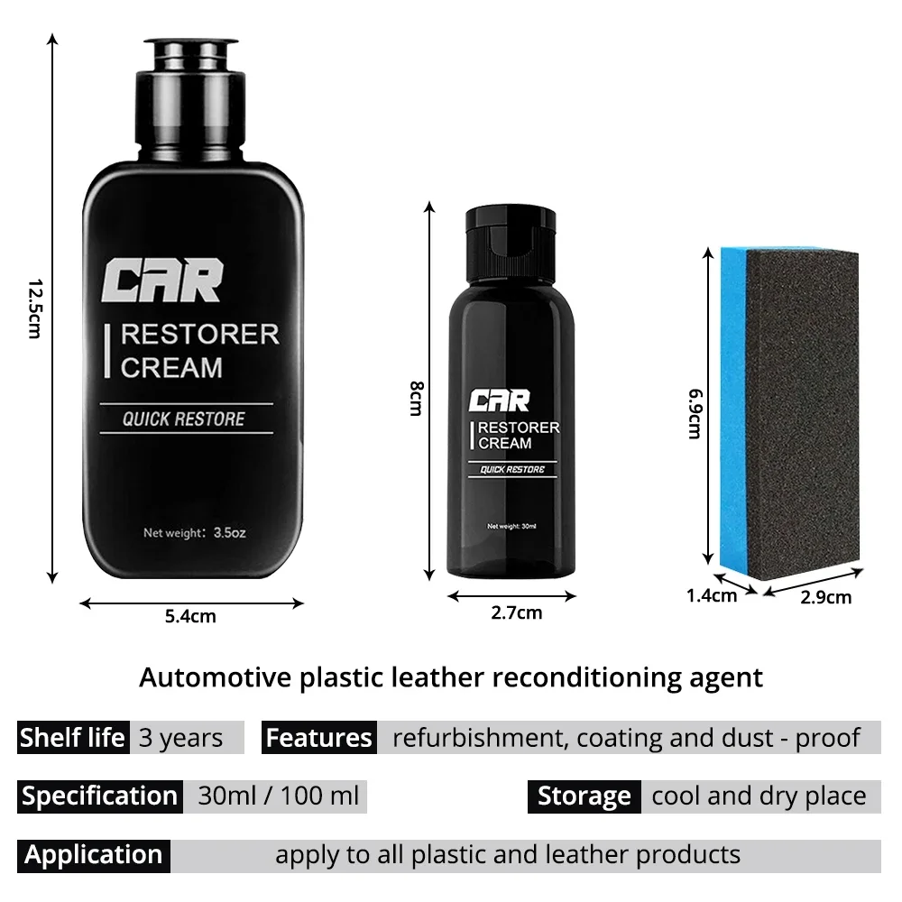 Car Restorer Agent 30/100ml Auto Plastic Leather Refurbishment Washable Interior Refresh Dashboard Surfaces Care Dustproof Tools