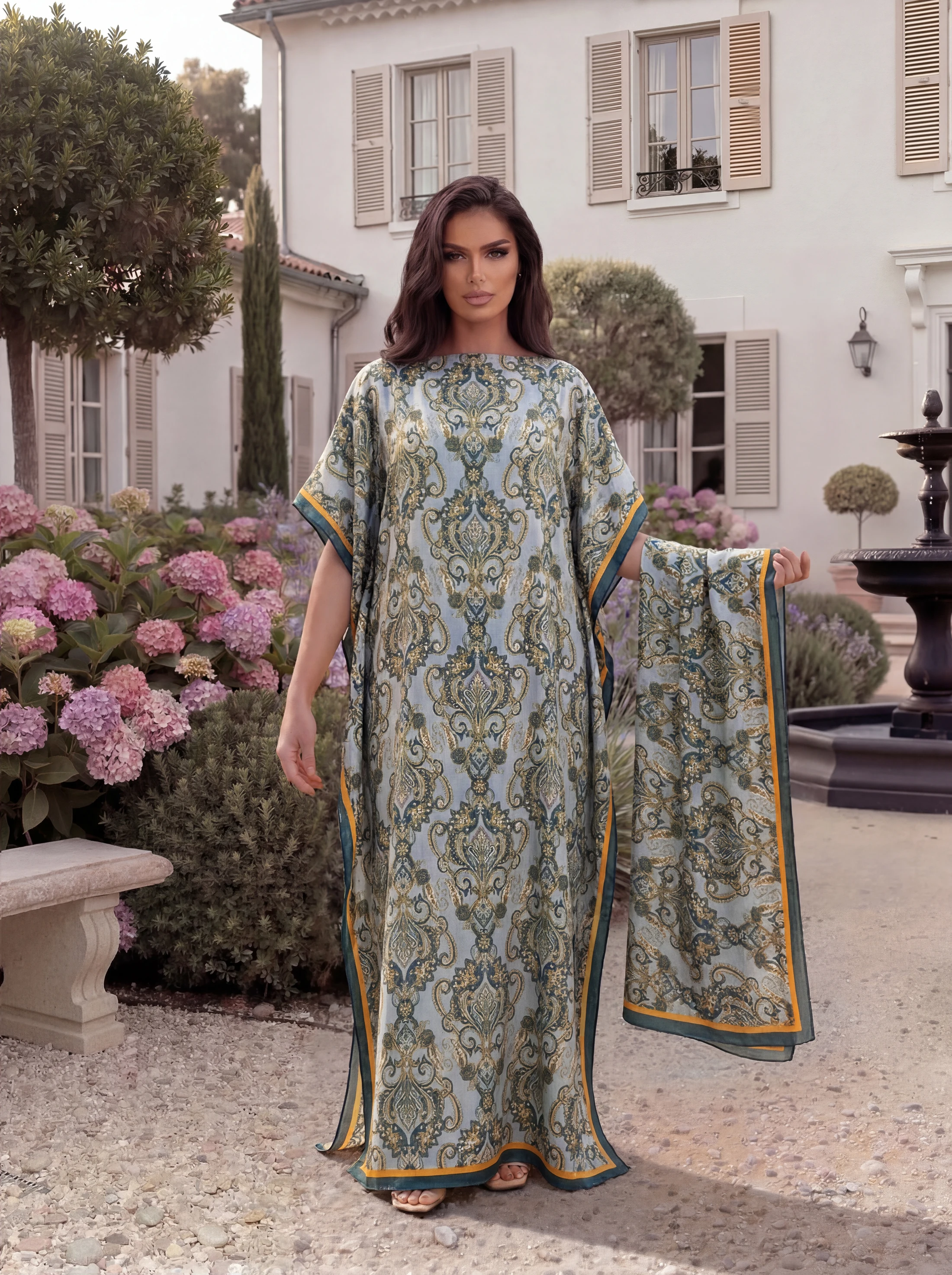 

Vintage Baroque Damask Print Satin Abaya Scarf Set, Loose Batwing Maxi Kaftan for Muslim Women Summer Holiday Wear
