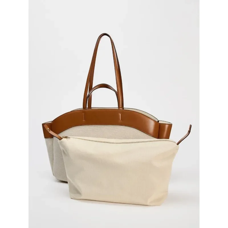 Large-capacity Canvas Shoulder Color-blocked Bag, Fashionable, Simple, Casual, Versatile Tote Bag for Women 2024Autumn New Style