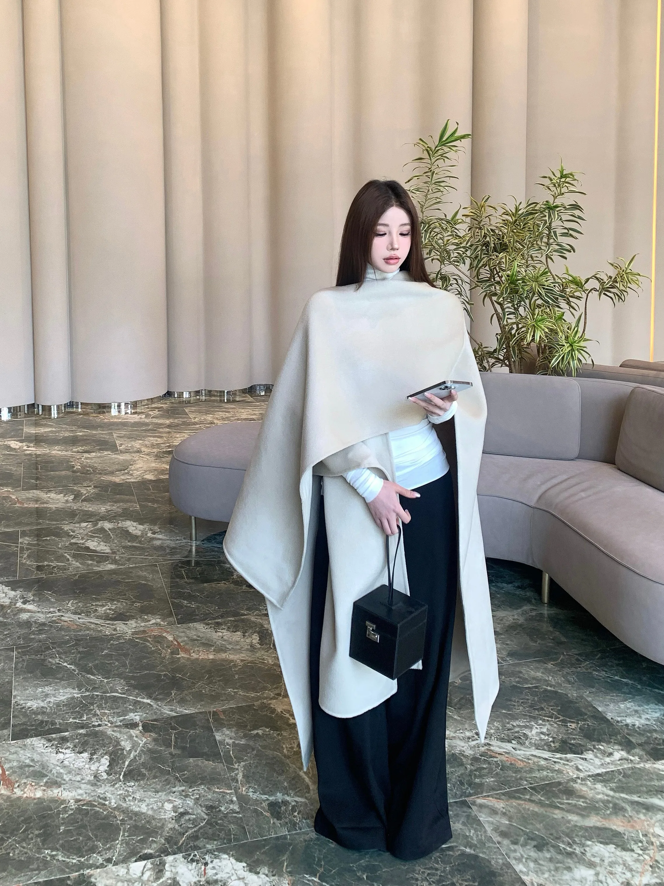 Midi Long Open Cape Wool Blend Coat Women Winter Autumn Fashion Outfit women's outerwears 2024 clothing outdoor jacket cashmere