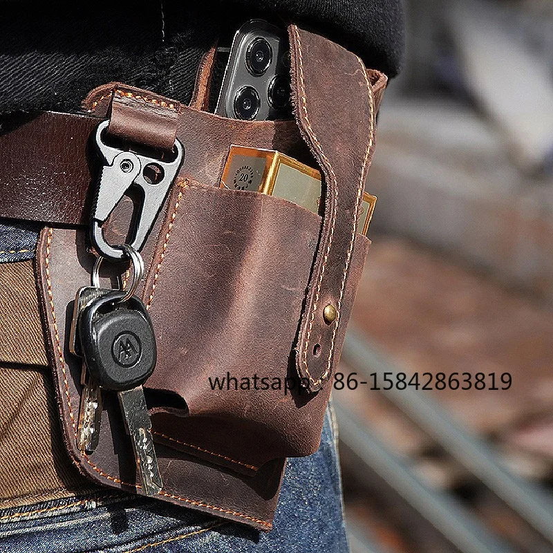 Vertical Mobile Phone Fanny Pack, Wearing Belt, Cowhide Leather, Retro Leather Case, Portable Mobile Phone Bag.