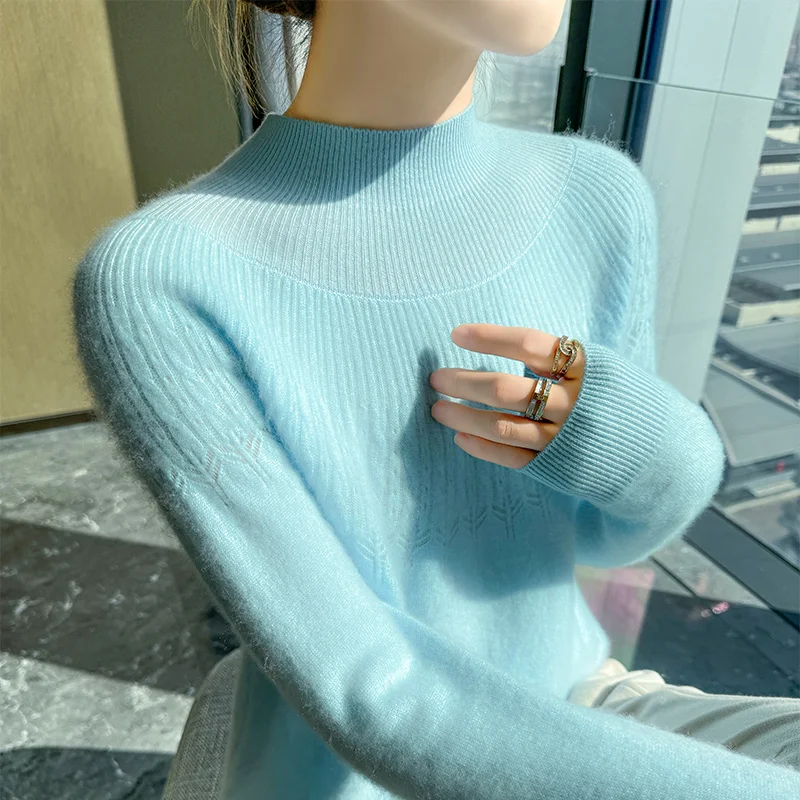

Women's long sleeved pullover 100% Australian wool sweater slim fit exquisite solid color knitted semi high neck hot selling new