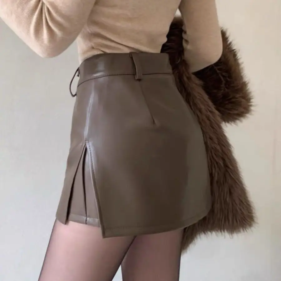 

Women's Black PU Leather Bodycon Skirt High Waist Split Hem A-Line Mini Skirt Y2K Hot Girl Style Fall Winter 2025 New