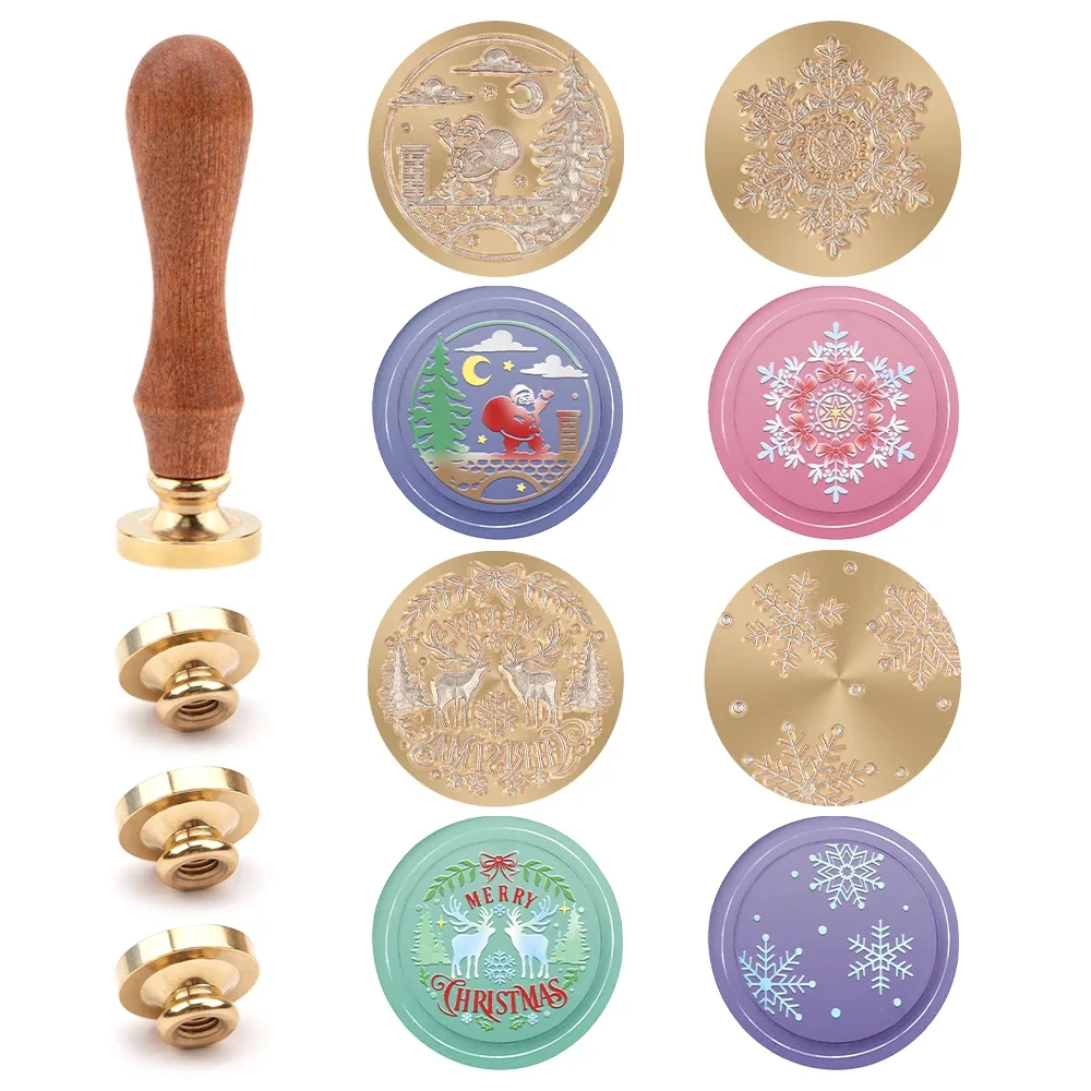 مجموعة ختم من الشمع لموسم عيد الميلاد، 4 رؤوس ختم بتصميم ومقبض واحد لتزيين حفلات عيد الميلاد ومغلفات بطاقات المعايدة
