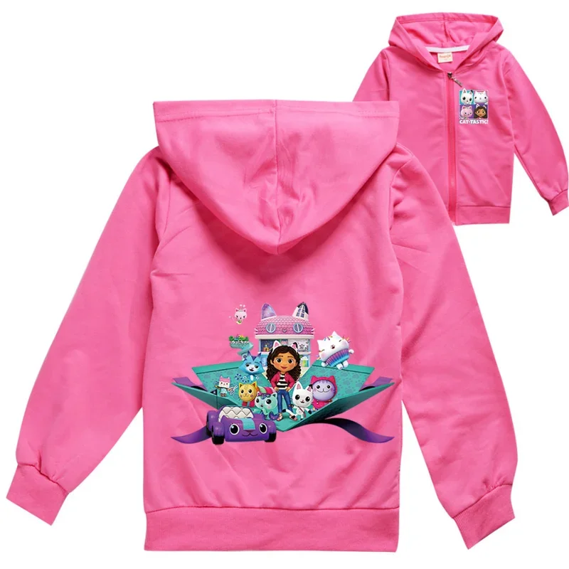 Pull à capuche avec fermeture éclair pour enfants, vêtements d'extérieur décontractés, sweat-shirt pour bébés garçons et filles, vêtements de course Gabby, maison de chats, dessin animé, nouveau