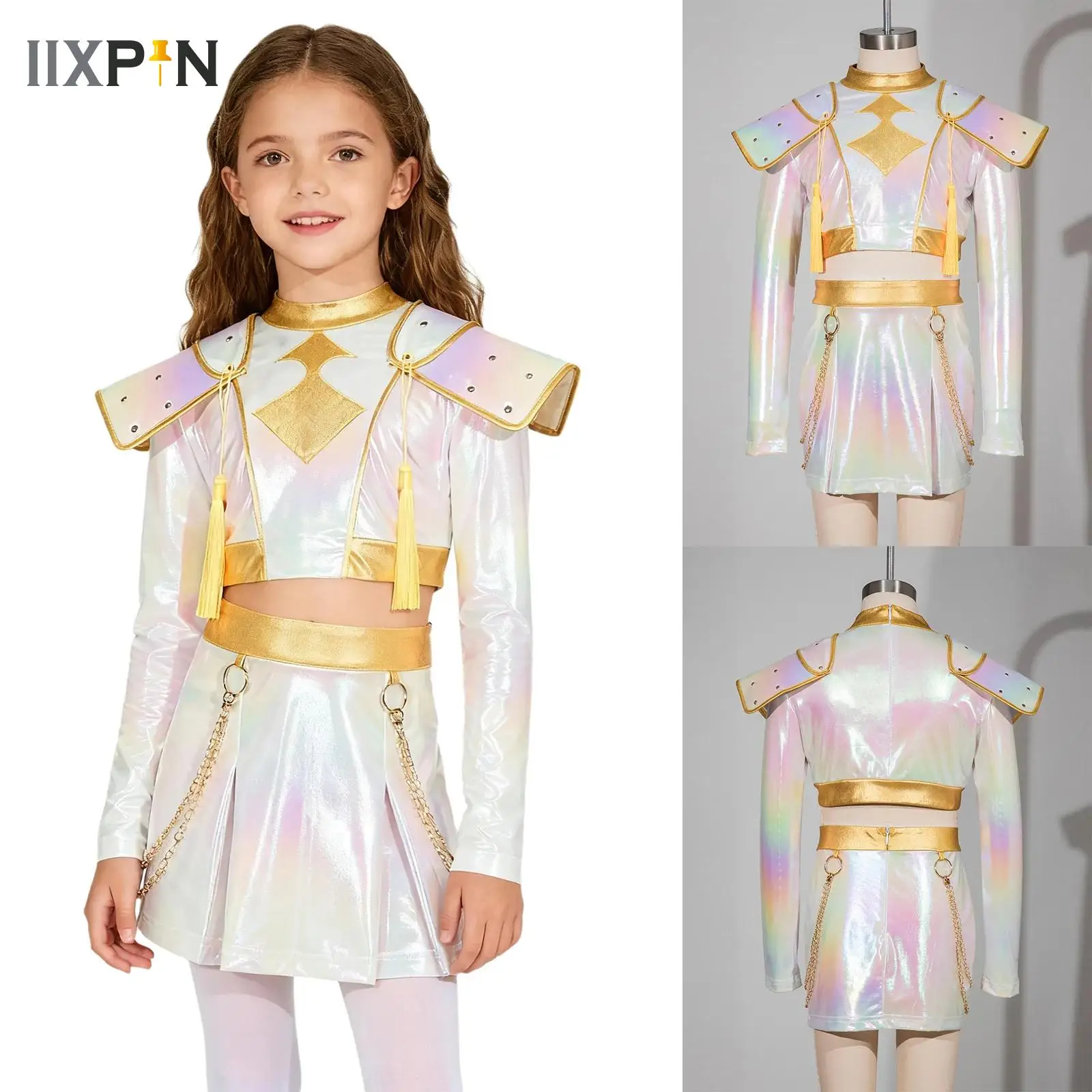 

Iridescent Gloss Crop Top And Skirt Girls Anime Demon Hunters Character Cosplay Outfit for Halloween Cosplay Concert Theme Party