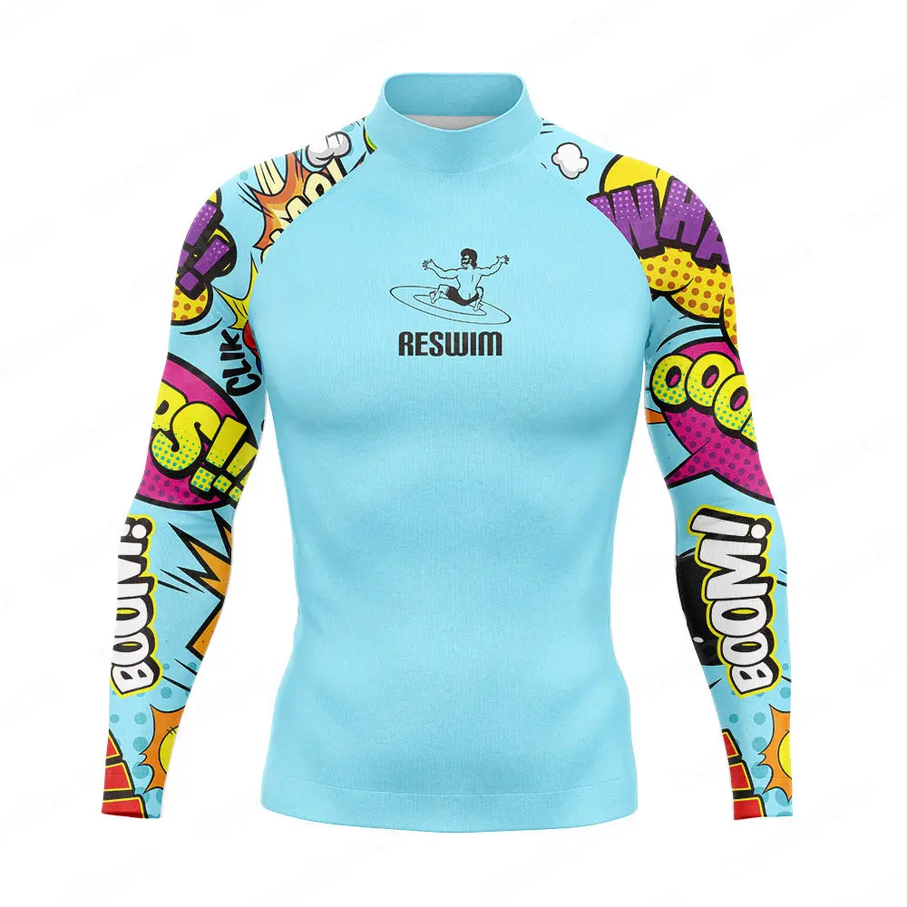 2024 Men\'s Funny Swimwear Rash Guards Long Sleeve Surf T-shirt UV Protection Swimsuit Surfing Diving Swimming Skinsuit Rashguard