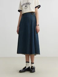 DUSHU Retro Denim Blue Women Long A-LINE Skirts 2024 Summer New Pleated Design 59.9% Cotton Female Skirt 24DS82017